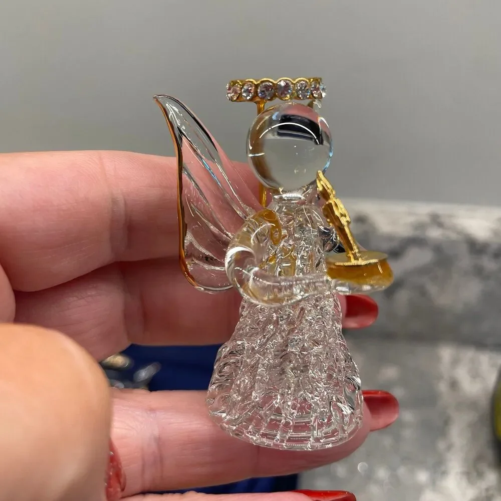 Vtg Hand Spun Glass Angels 18K Gold Swarovski Crystal Blue Velvet Music Box
